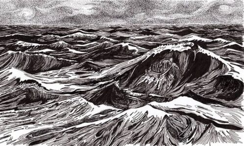 Seeking Refuge - pen & ink drawing Ink drawing describing the plight of fleeing war by boat - Annette Abolins