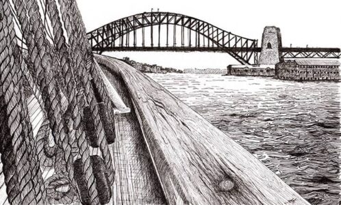 Setting Sail - pen & ink drawing Ink drawing on board James Craig sailing out of Sydney Harbour