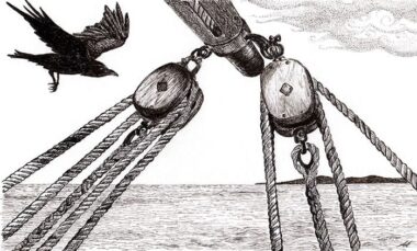 The Messenger - pen & ink drawing Raven bringing news to sailors at sea - Ink drawing by Annette Abolins