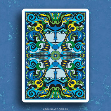Card back design with faces in blue and green hues