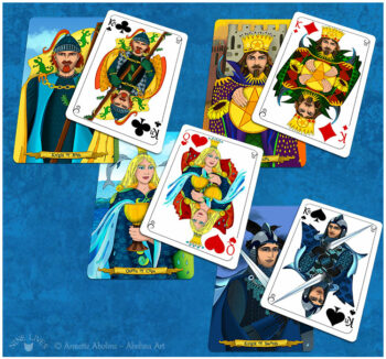 Court characters - showing the difference between tarot and playing cards Nine Lives court cards - artwork by Annette Abolins