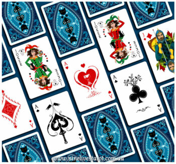 Poker size: Nine Lives Playing Cards Card back design, aces and jokers by Annette Abolins