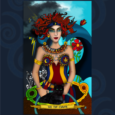 The Chariot represented by a red-haired woman and a black cat