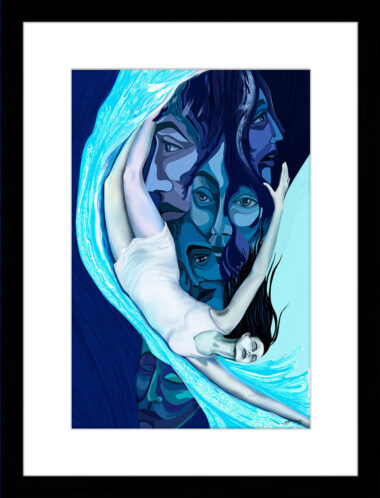 She spirals through a wave, watched by faces