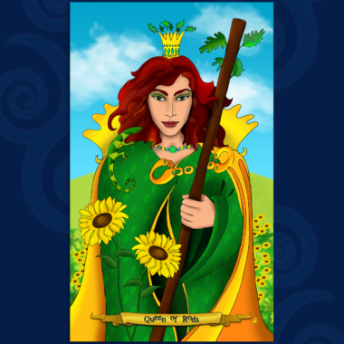 Artwork featuring queen in green robes surrounded by sunflowers