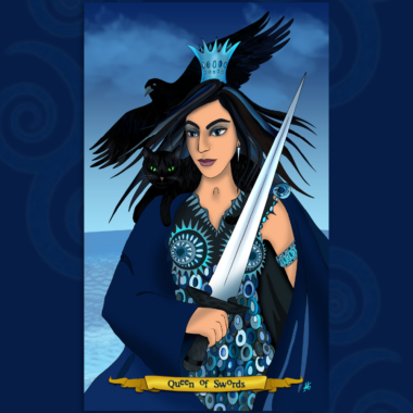 Queen of Swords artwork in deep blue hues