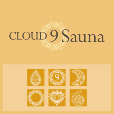 Cloud 9 Sauna logo and icon designs on neutral warm background