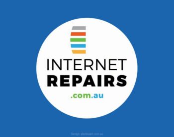 Internet Repairs stacked logo on blue background