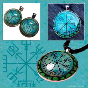 Nordic Viking inspired art pendants featuring compass design on green background