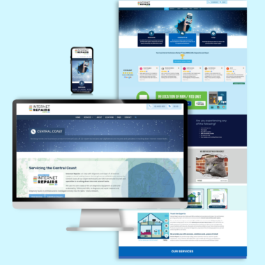Image collage showing devices and screenshots of web design project for Internet Repairs