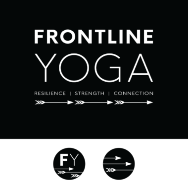 Logo design for Frontline Yoga white on black with icon designs below main logo