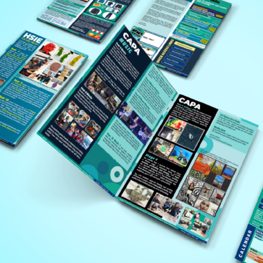 Newsletter layouts from school newsletter, featuring bold typography, blocks of colour, design elements and illustrations.