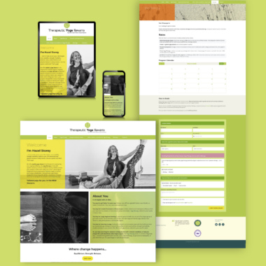 Visual display showing web design project for yoga business with green and yellow featured as strong accent colours