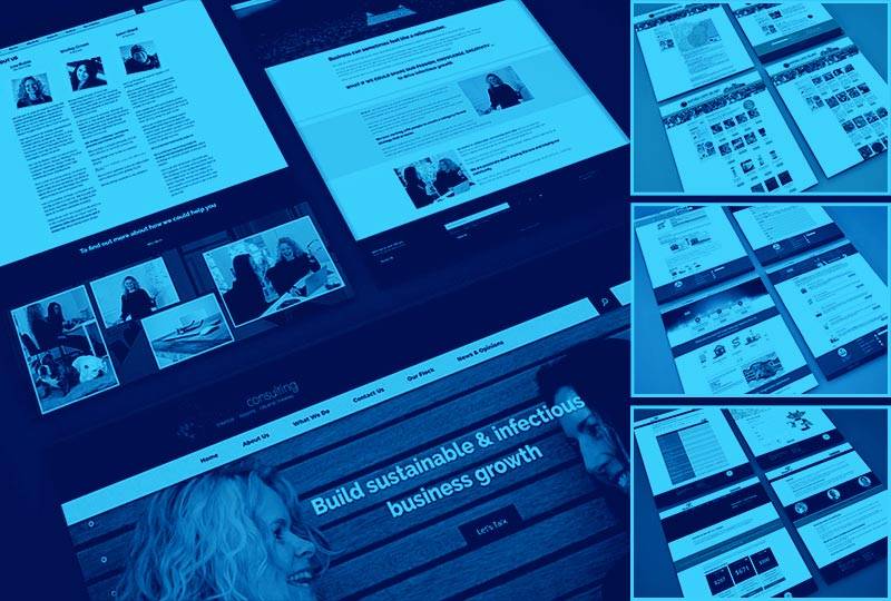 Website layouts displayed in collage with dark blue overlay