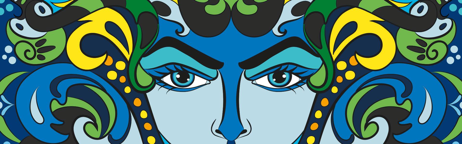 Close-up view of illustrated face in blue and green colours